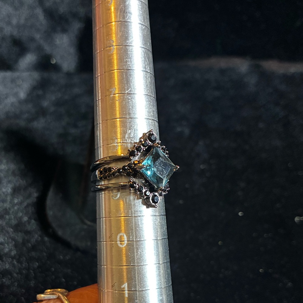 Mystic Teal & Black Crystal Three Piece Ring Set, Size 9
